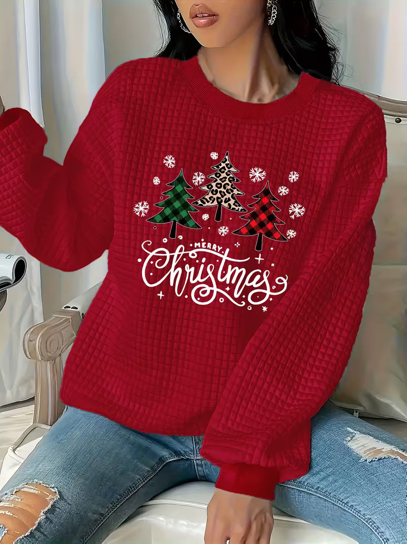 New Christmas Tree Printed Quilted Jacquard Round Neck Sweatshirt
