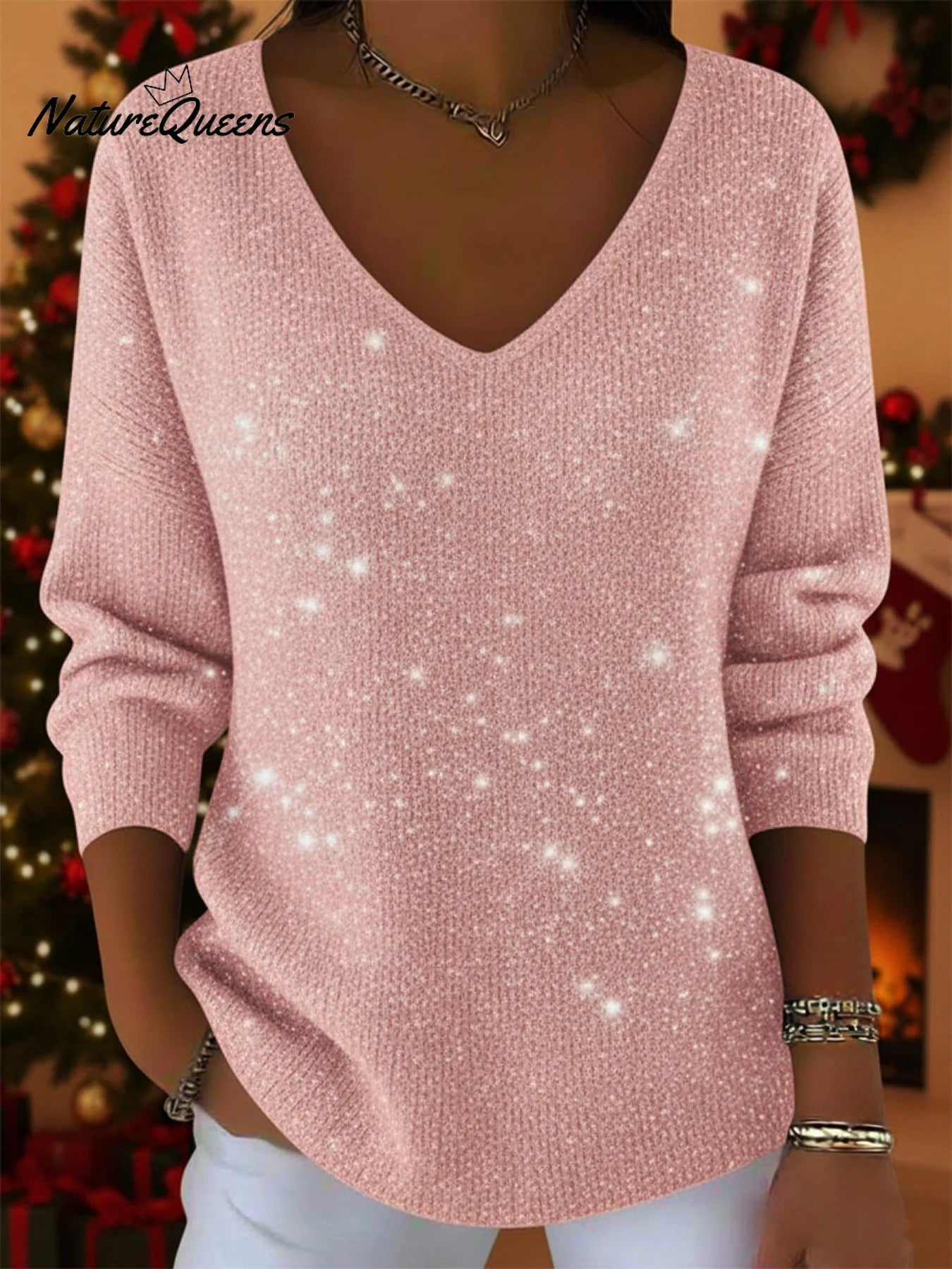 Women’s V-Neck Shiny Sparkle Sweater