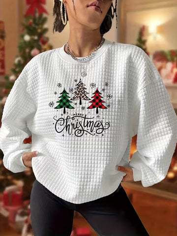 New Christmas Tree Printed Quilted Jacquard Round Neck Sweatshirt