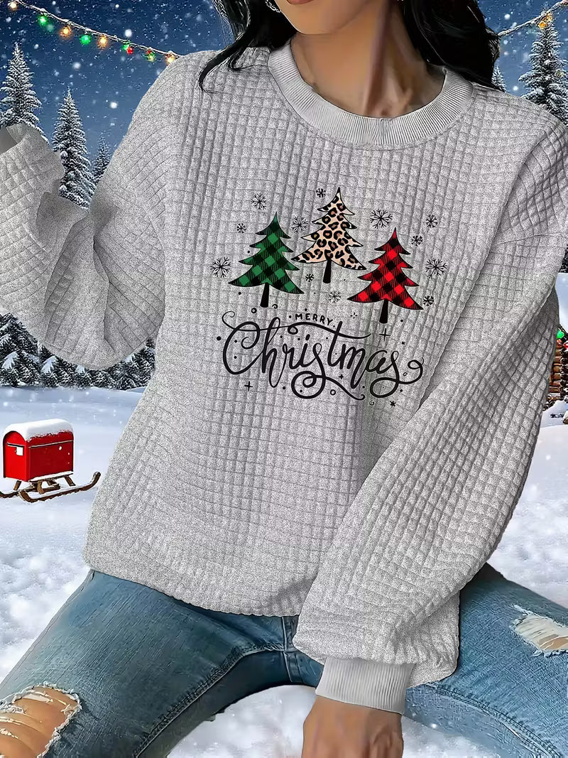 New Christmas Tree Printed Quilted Jacquard Round Neck Sweatshirt